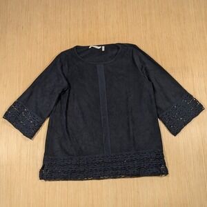 Soft Surroundings Crochet Trim Top Black Velvet Lagenlook Boho Women's‎ Medium